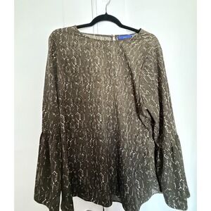 Apt. 9 XL Abstract Print Bell Sleeve Blouse Olive Taupe Long Sleeve Career Top